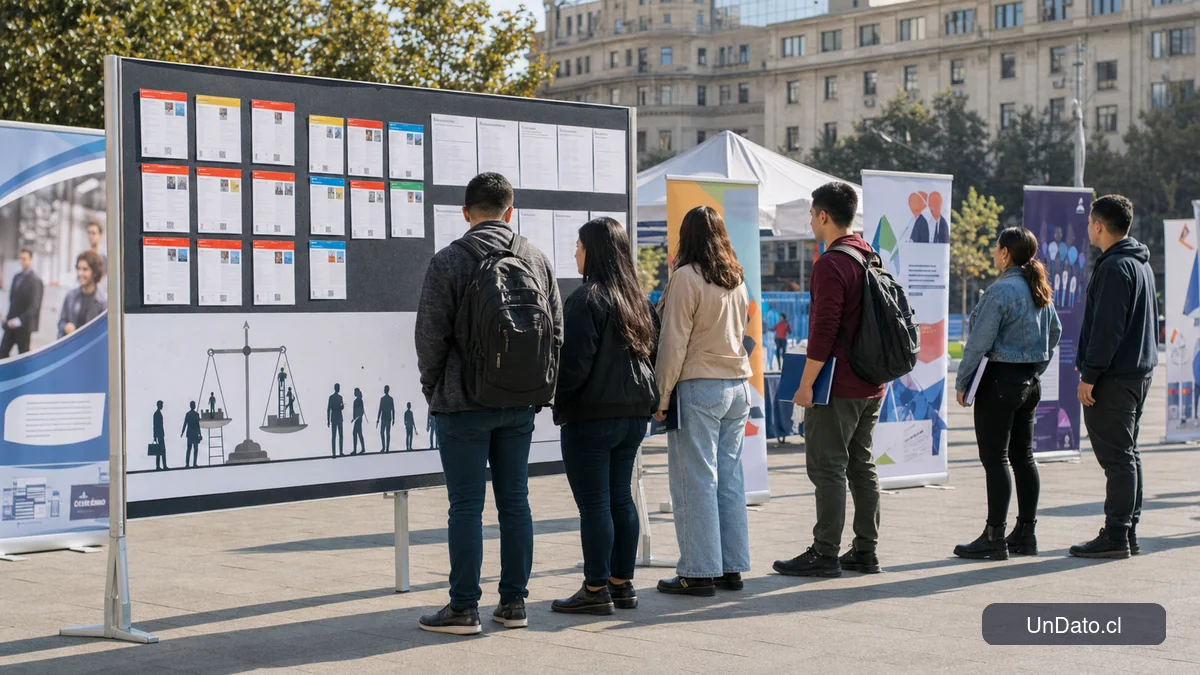 Feria laboral al aire libre con paneles de vacantes, afiches de capacitación y personas haciendo fila para postular.