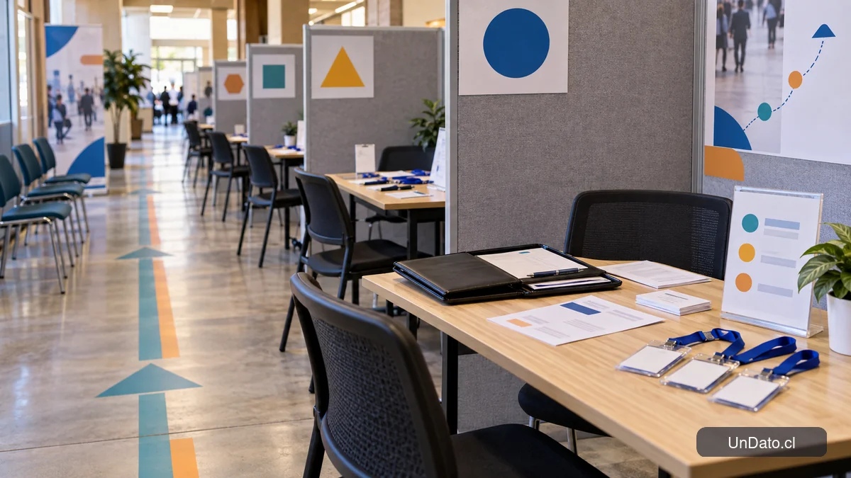 Estaciones de una feria laboral preparadas para entrevistas breves, con tarjetas de preguntas, credenciales y un panel de habilidades profesionales