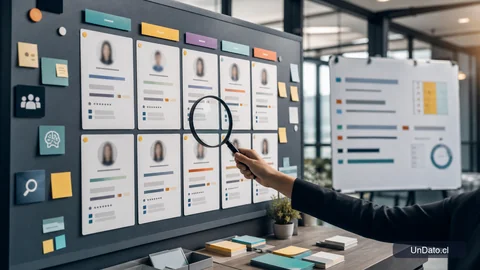 Tablero de reclutamiento con tarjetas de perfiles, competencias y prioridades en una sala moderna.