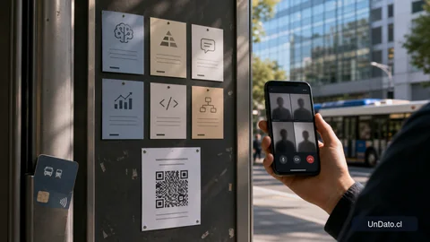 Panel con tarjetas de habilidades, un código QR de postulación y una videollamada de entrevista en un entorno urbano neutro.
