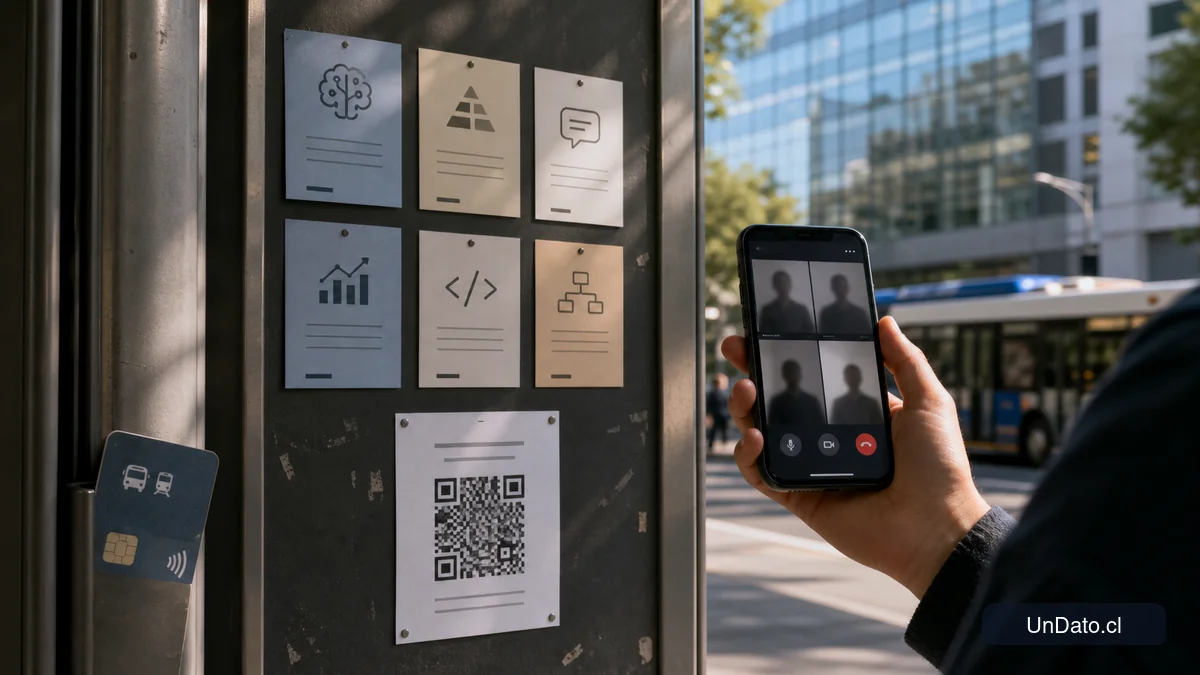 Panel con tarjetas de habilidades, un código QR de postulación y una videollamada de entrevista en un entorno urbano neutro.