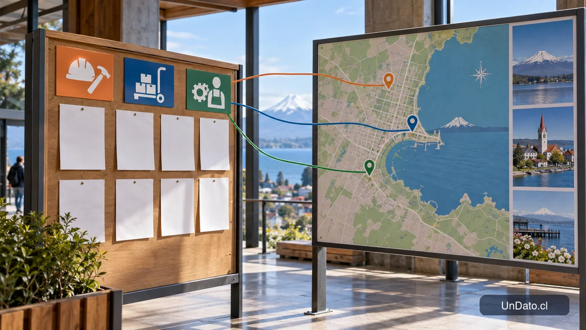 Panel de vacantes comunales junto a un mapa de Puerto Varas y símbolos de distintos rubros laborales