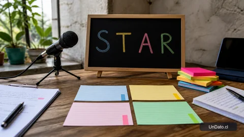 Panel de preparación para entrevista con tarjetas organizadas en cuatro bloques, un micrófono de mesa y una pizarra con las letras S, T, A y R.