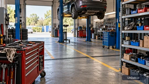 Interior de un taller automotriz con elevador, carro de herramientas y repuestos ordenados en estanterías.