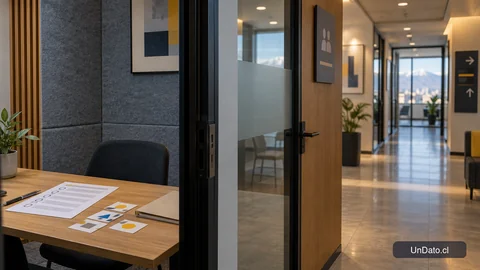Sala de evaluación laboral preparada para una entrevista, con señalética de etapas y tarjetas de competencias