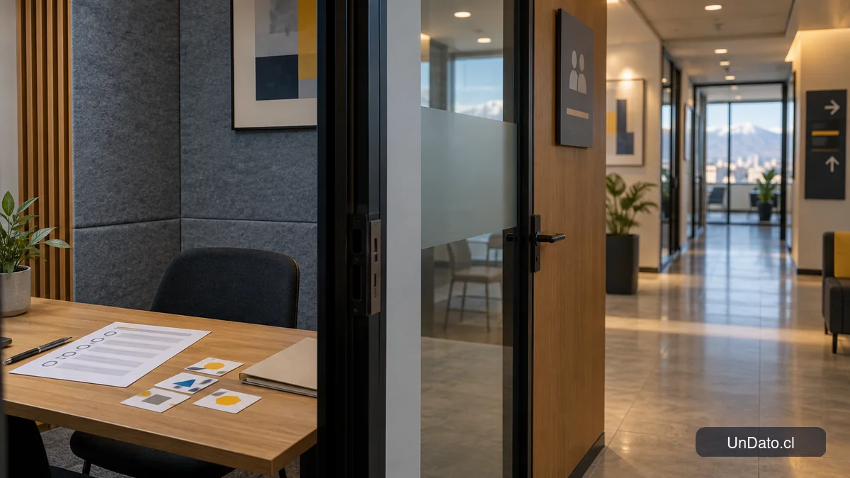 Sala de evaluación laboral preparada para una entrevista, con señalética de etapas y tarjetas de competencias