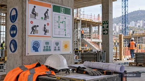 Panel de capacitación sobre ergonomía y seguridad junto a una estructura de construcción en obra.