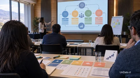 Espacio de capacitación con un mapa de competencias y tarjetas sobre nuevas habilidades laborales vinculadas con la inteligencia artificial