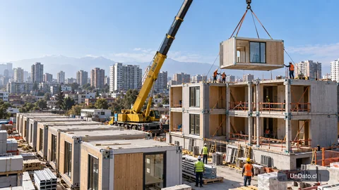 Grúa posiciona un módulo prefabricado en una obra urbana de construcción industrializada.