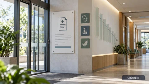 Panel informativo sobre licencias médicas junto a señalética de salud laboral en un centro de atención.