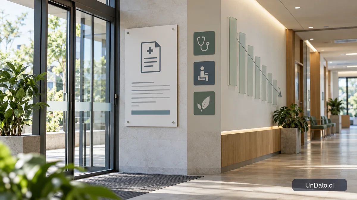Panel informativo sobre licencias médicas junto a señalética de salud laboral en un centro de atención.