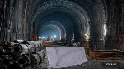 Túnel en obra con materiales de impermeabilización, planos técnicos y señalización industrial.