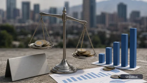 Balanza con monedas chilenas, una gráfica de barras y un letrero de remuneraciones en un entorno urbano.