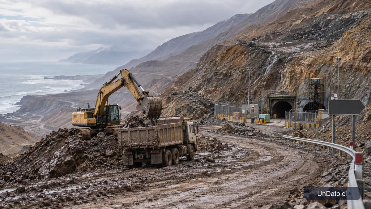 Maquinaria despeja un camino de acceso a faenas mineras en el árido paisaje de Tocopilla