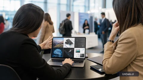 Una joven en una feria laboral en Santiago muestra un portafolio digital en su notebook mientras una reclutadora revisa sus proyectos y habilidades en IA.