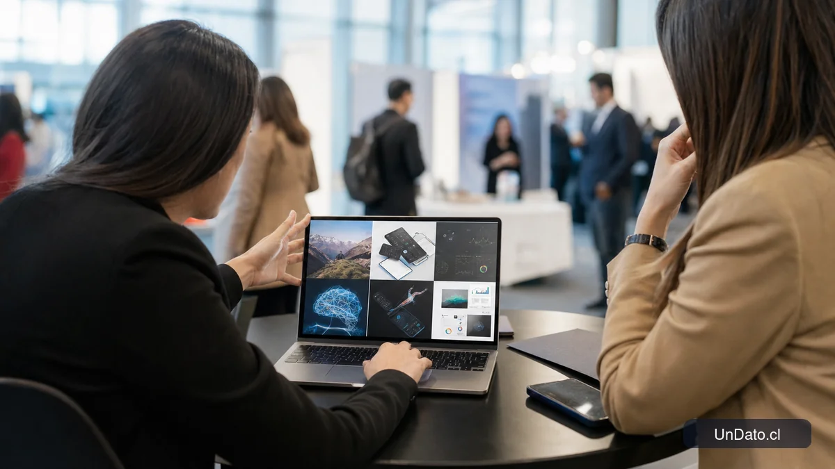 Una joven en una feria laboral en Santiago muestra un portafolio digital en su notebook mientras una reclutadora revisa sus proyectos y habilidades en IA.