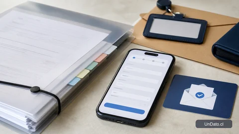Pantalla de celular con un formulario de postulación online y documentos de respaldo ordenados junto a una confirmación de envío.