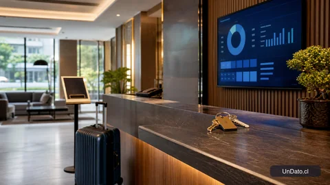 Lobby de hotel con llaves, panel de ocupación, una maleta y señalética de reservas.