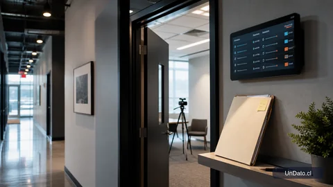 Pasillo corporativo con acceso a una sala de entrevista, un panel de turnos, una carpeta de postulación y una cámara sobre trípode.