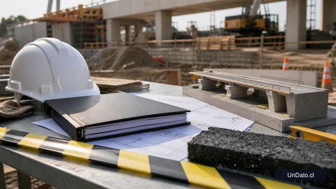 Carpeta de licitación y planos sobre una mesa de obra, junto a un casco de seguridad y una cinta de demarcación