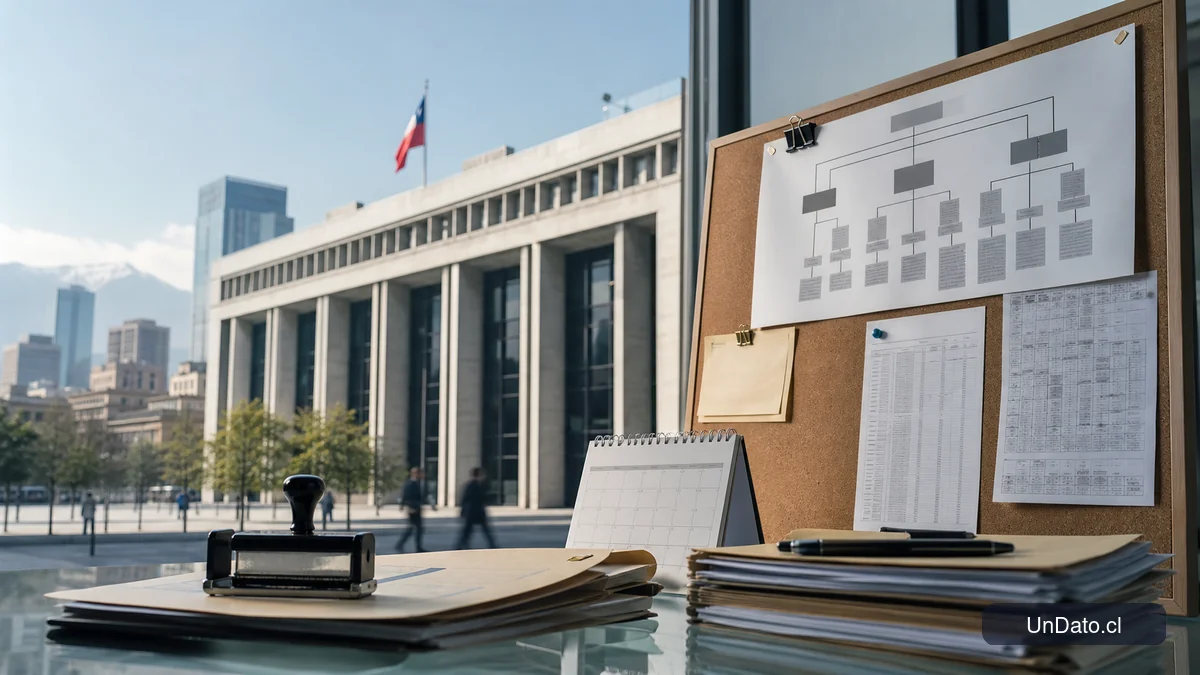 Fachada de un edificio público con carpetas, un organigrama y un sello administrativo.
