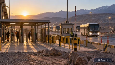 Acceso a una faena minera con señalética de turno 7x7, buses de transporte y cordillera al fondo