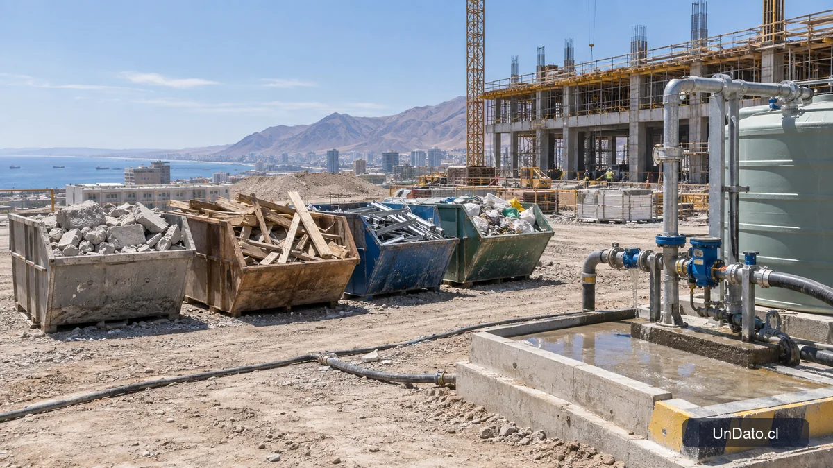 Zona de obra en Antofagasta con contenedores separados para residuos de construcción y una estación de control de agua