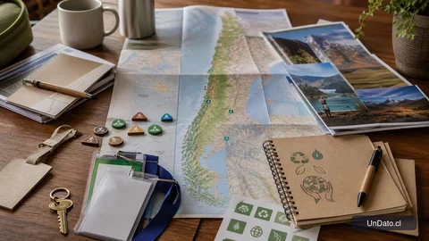 Mapa turístico de Chile con señalética de senderos, credenciales de foro, folletos de destinos y elementos de hotelería y conservación.
