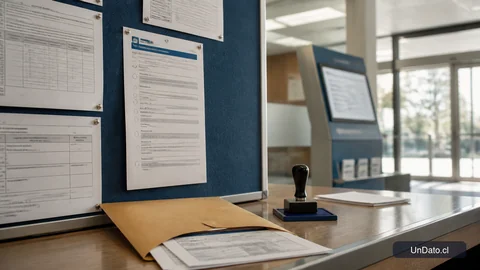 Tablero institucional con una convocatoria laboral, un sobre de documentos y un sello de fecha en un entorno de atención pública