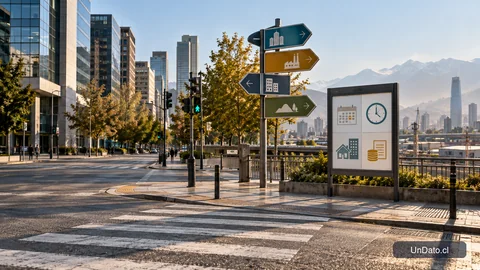 Señalética urbana que orienta hacia distintos lugares de trabajo junto a un panel visual de condiciones laborales.