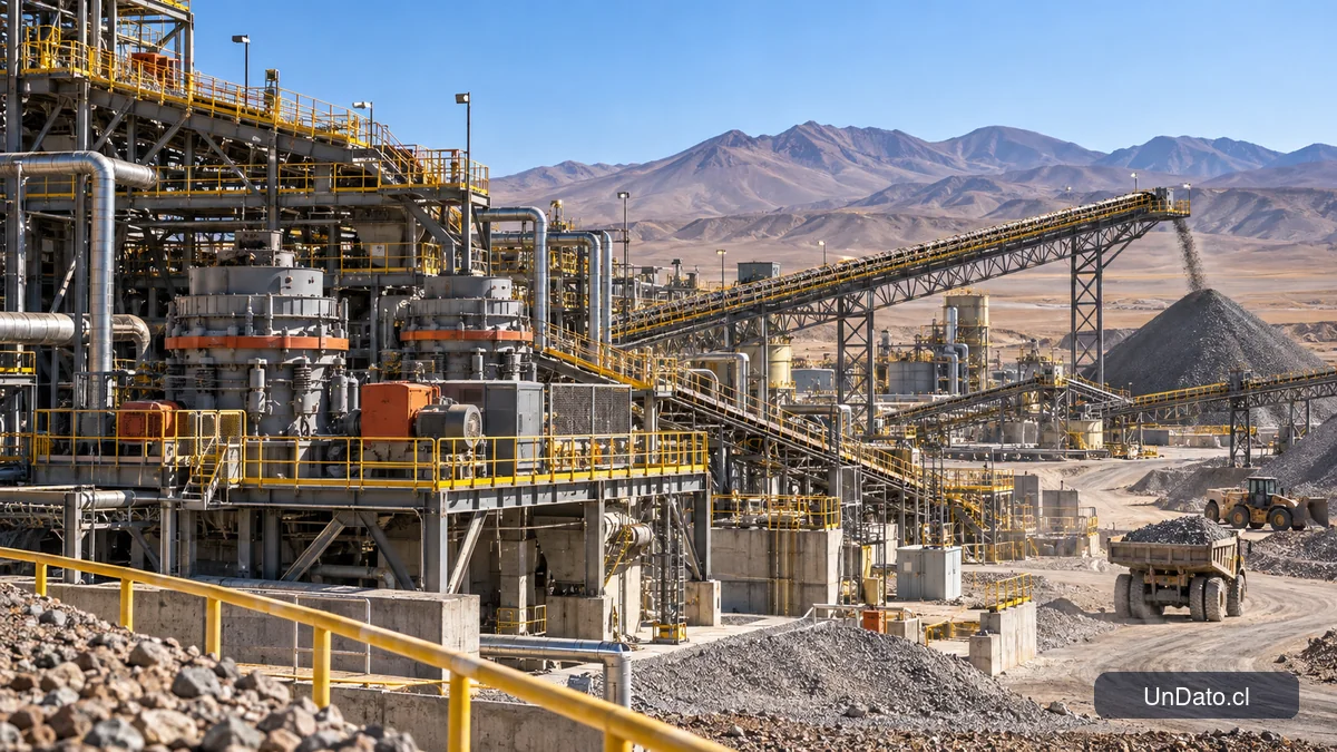 Planta de procesamiento minera en Atacama con chancadores industriales y señalética de seguridad