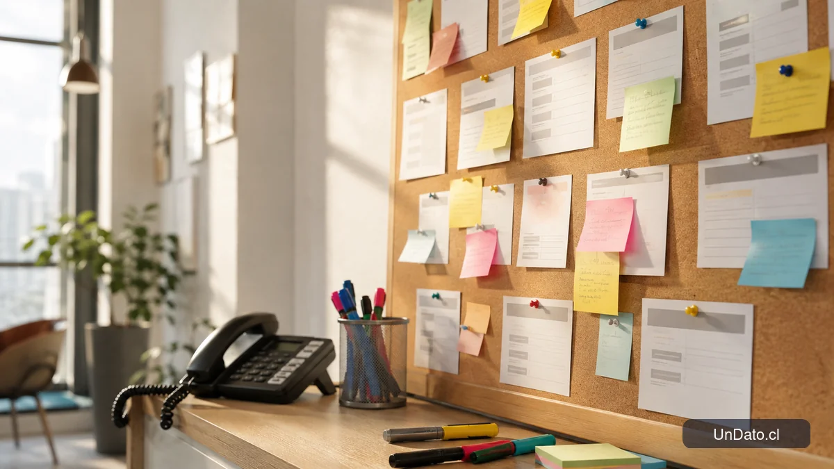 Tablero mural con tarjetas de vacantes, notas adhesivas de seguimiento, un teléfono fijo y marcadores de colores.