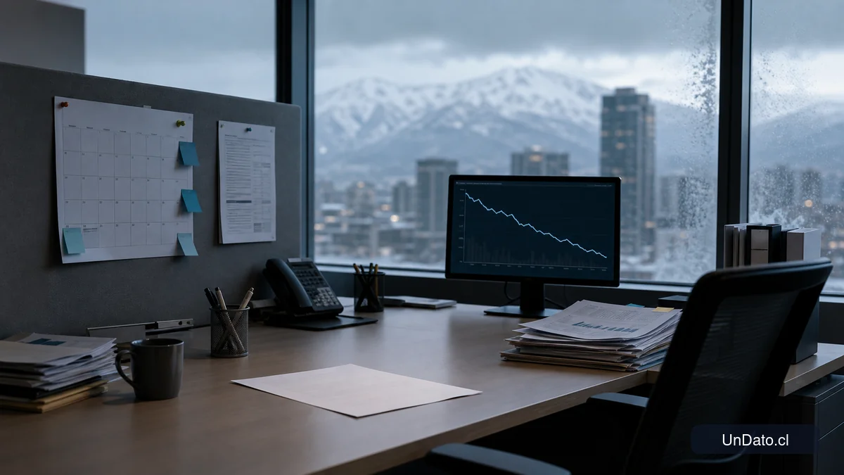 Mesa de oficina con calendario de turnos, aviso de empleo y una gráfica descendente, en un ambiente asociado al invierno laboral.