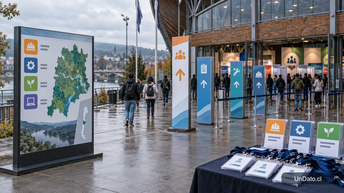 Señalética de una feria laboral en Valdivia junto a un mapa de la región y tarjetas con distintos cargos disponibles