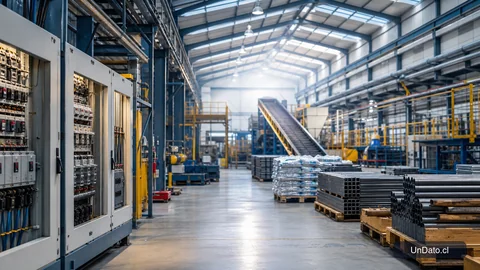 Nave industrial con tableros eléctricos, pallets e insumos de obra listos para producción.