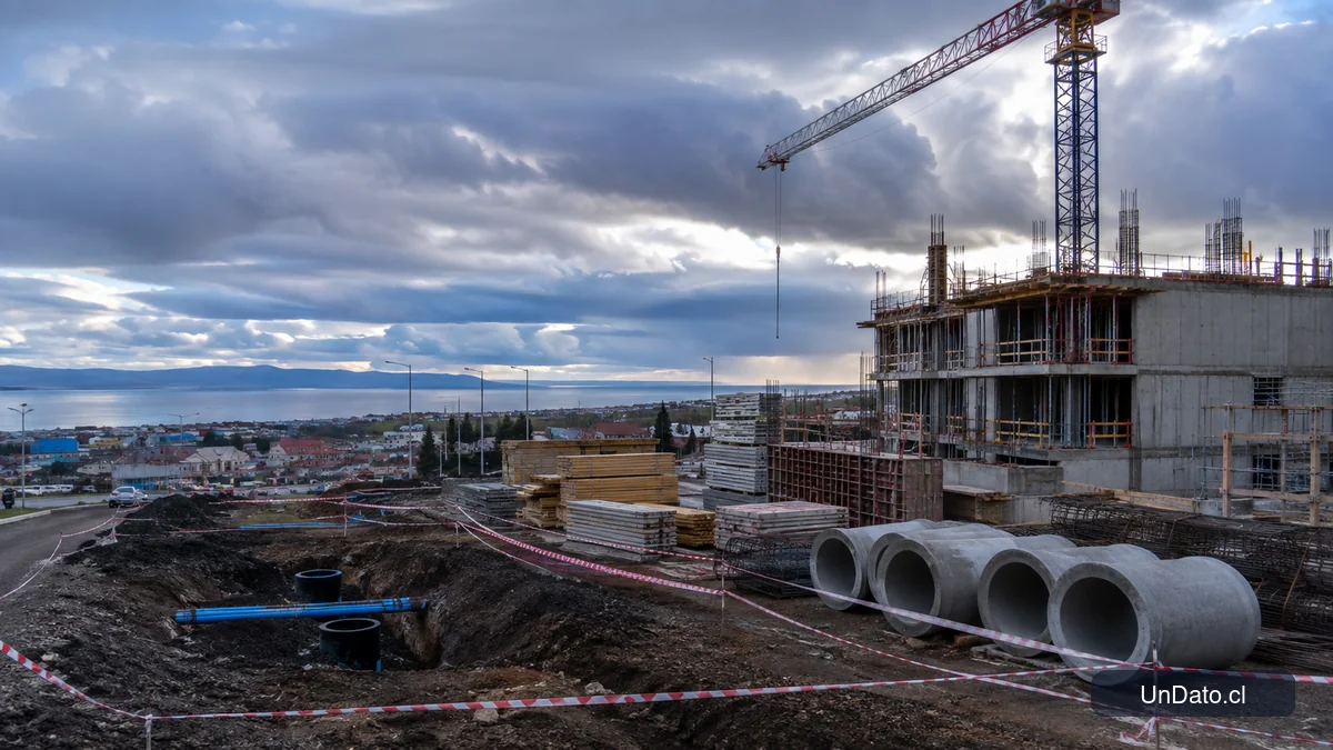 Obra habitacional en Punta Arenas con grúa, materiales de construcción y trabajos de urbanización en un entorno austral.