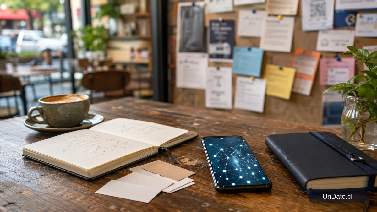 Una mesa de cafetería con una libreta, tarjetas de contacto, un teléfono con una red de conexiones y un tablón de avisos laborales al fondo.