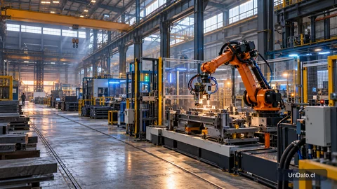 Brazo robótico y equipos de manufactura avanzada dentro de una nave industrial del Biobío.