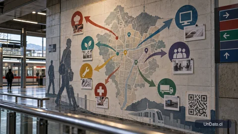 Mural de orientación laboral con rutas hacia distintos rubros y tarjetas de competencias en una estación de transporte