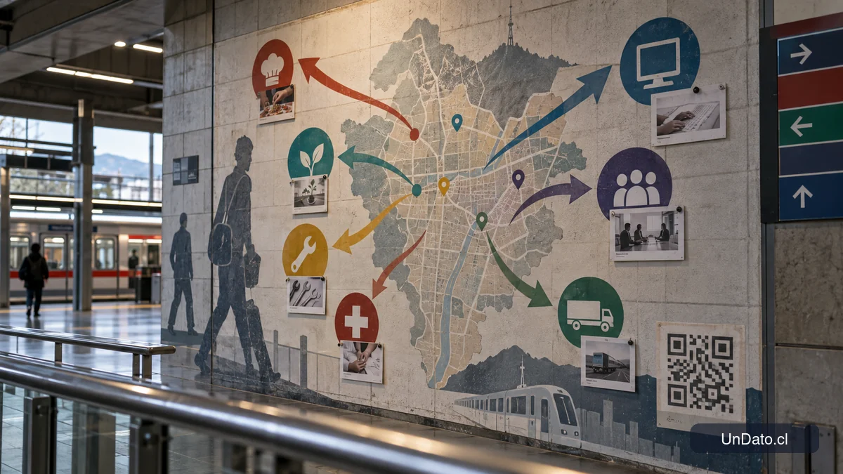 Mural de orientación laboral con rutas hacia distintos rubros y tarjetas de competencias en una estación de transporte