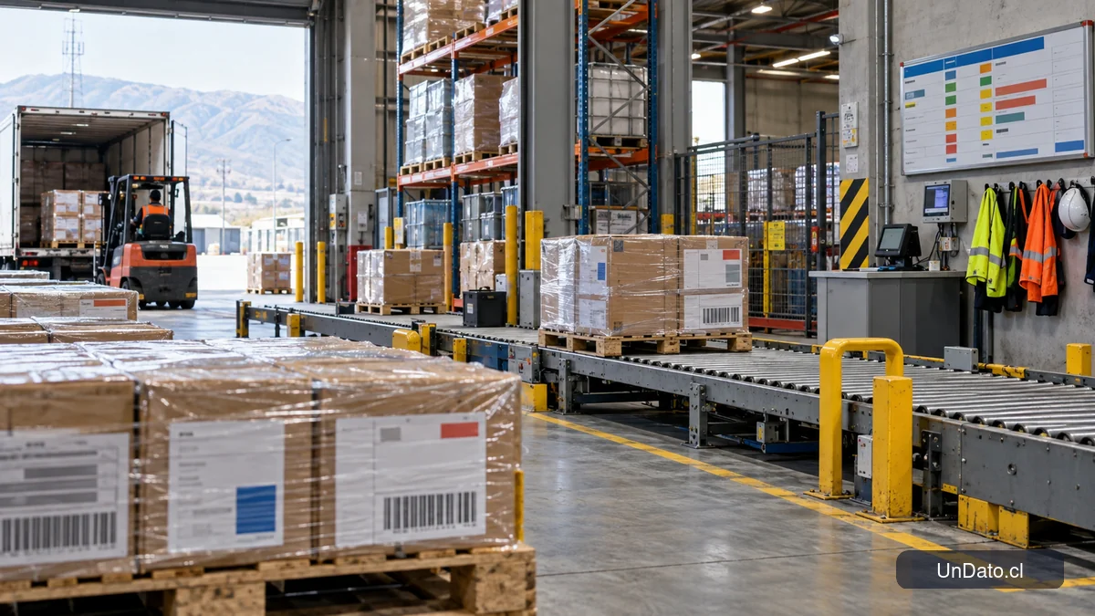 Patio de despacho industrial con pallets, estanterías, códigos de barras y panel de turnos de producción