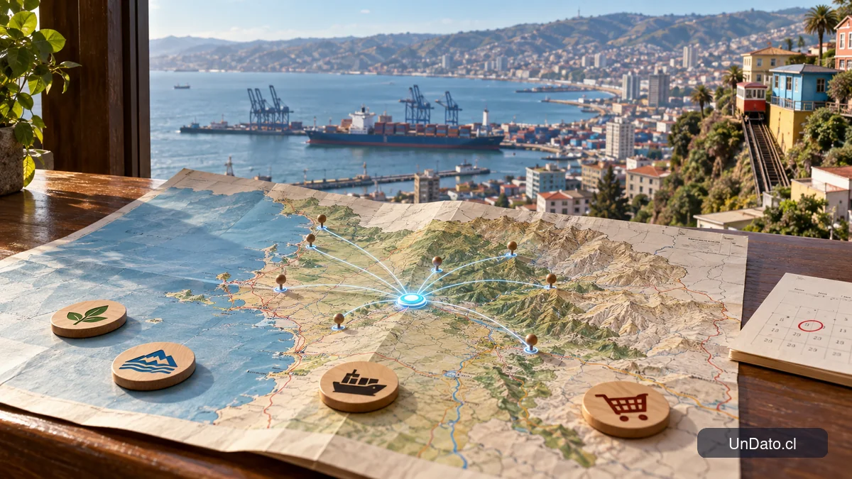 Mapa de la Región de Valparaíso conectado a tarjetas digitales de ofertas laborales y orientación para postular.