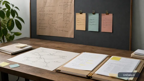 Pizarra con misión, tarjetas de valores, un diagrama de decisión y una carpeta abierta con notas de entrevista.