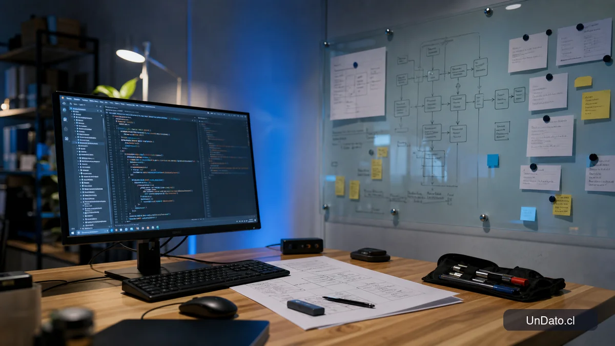 Monitor con un repositorio de código, un diagrama de arquitectura y tarjetas de proyectos en un panel de vidrio.