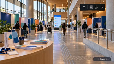 Feria laboral inclusiva en un centro cultural, con señalética, módulos de organizaciones y una ruta accesible entre stands.