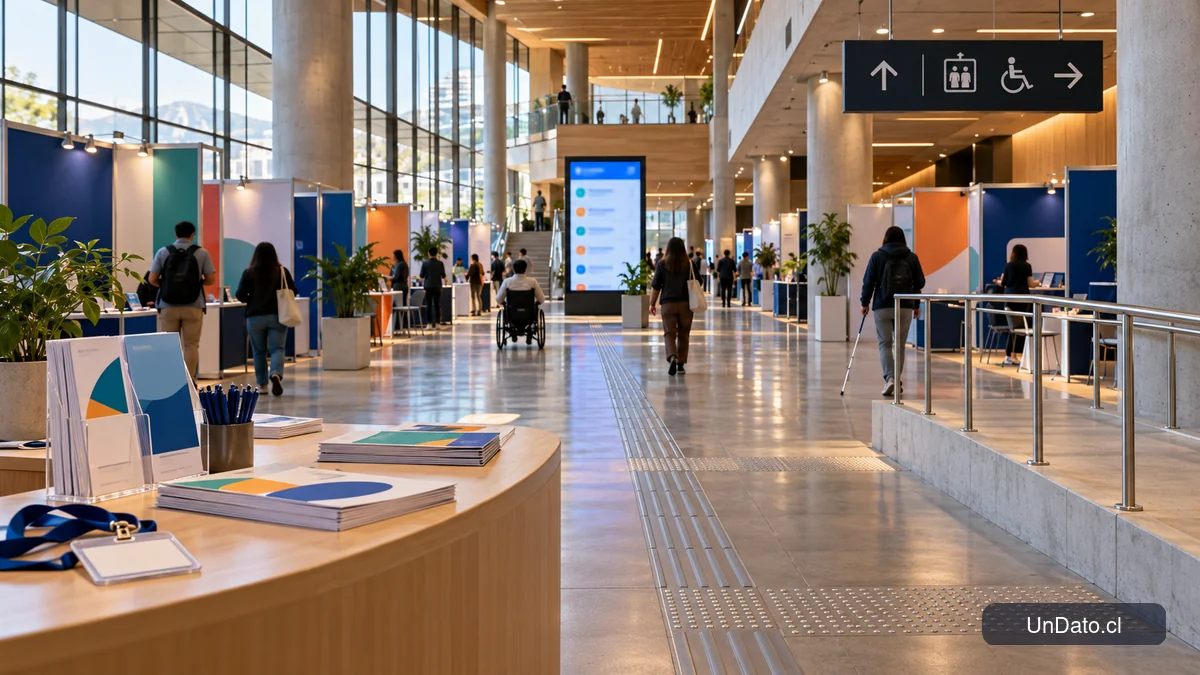 Feria laboral inclusiva en un centro cultural, con señalética, módulos de organizaciones y una ruta accesible entre stands.