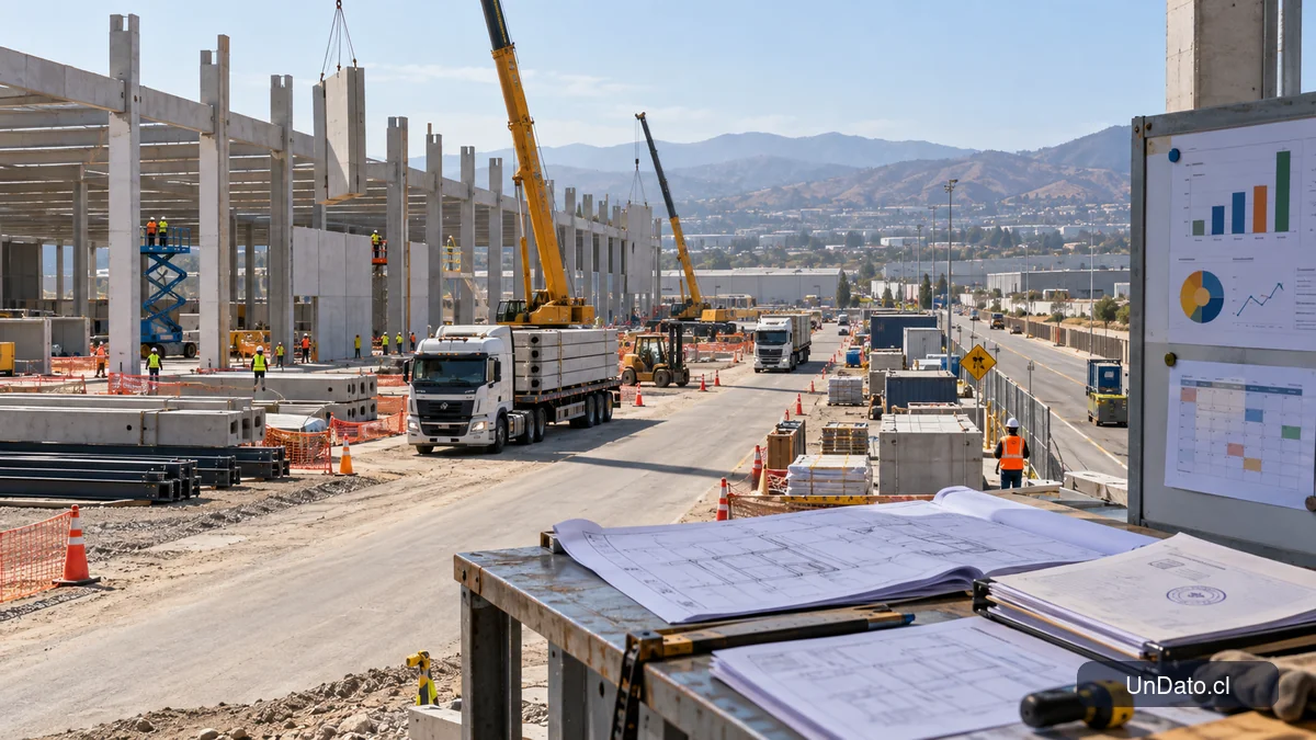 Corredor logístico chileno en construcción con grúas, estructuras prefabricadas y señalética de seguridad