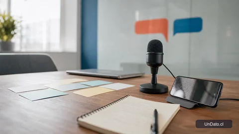 Mesa de práctica con tarjetas de preguntas en inglés, un micrófono y un teléfono grabando audio para ensayar la entrevista.