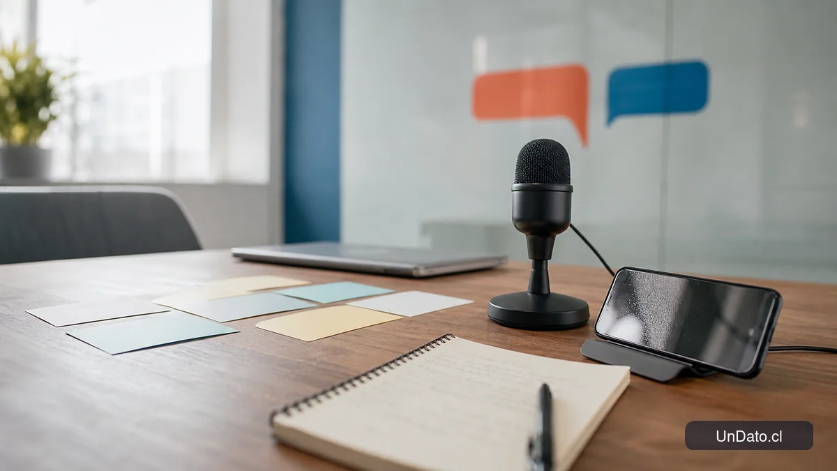 Mesa de práctica con tarjetas de preguntas en inglés, un micrófono y un teléfono grabando audio para ensayar la entrevista.