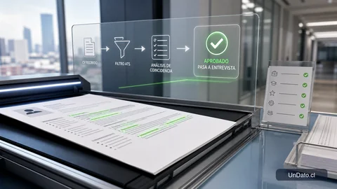 Un CV visualizado en una pantalla de revisión con palabras clave destacadas y una ruta de avance hacia entrevista.